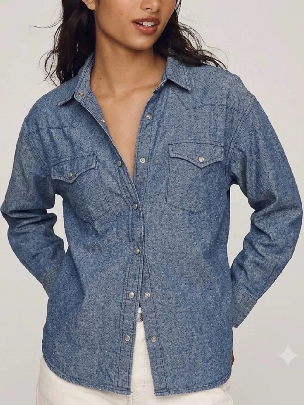 J. Crew Flannel Western Long Sleeve Pearl Snap Button Denim Shirt Womens Size 0